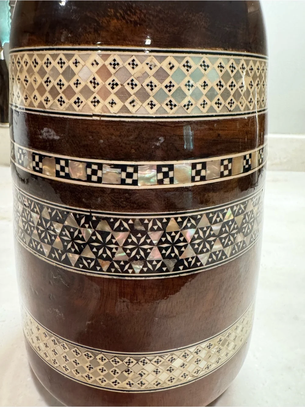 Vintage Mother of Pearl Inlaid Wood Vase 12”